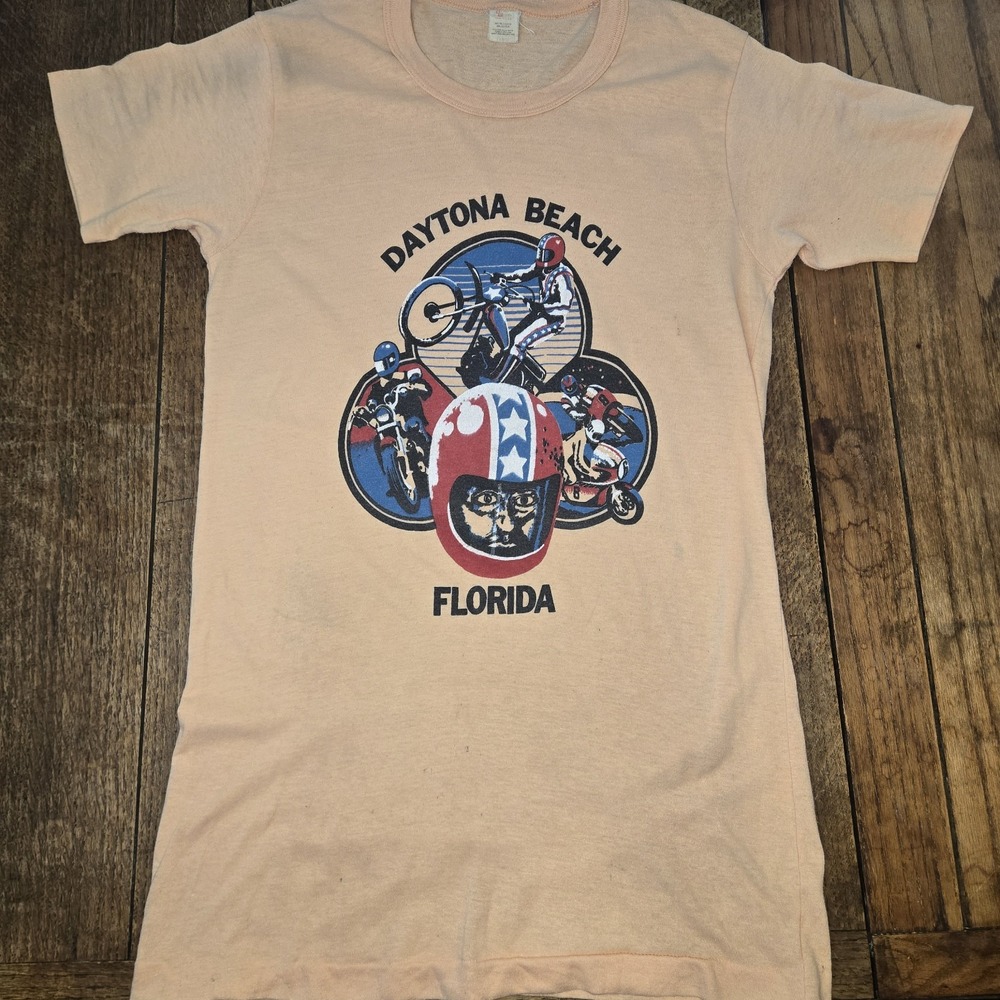 True Vintage 70s Daytona Beach Florida‎  Motorcycle T-shirt Sz Sm Single Stitch